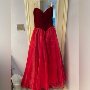 Custom-made red velvet and chiffon strapless ballgown style prom dress